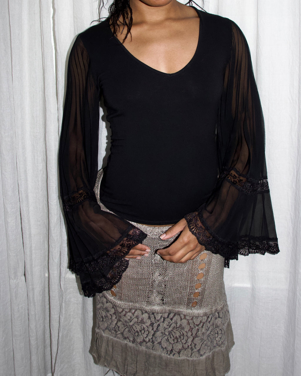 Morgan de Toi Pleated Bell Sleeve Blouse (XS-S)